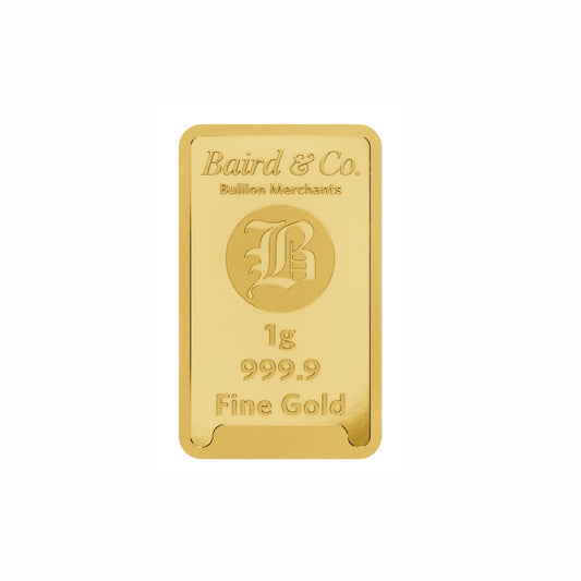 1g 9999 Gold Bullion Minted Bar made by Baird and Co London in Assay Card