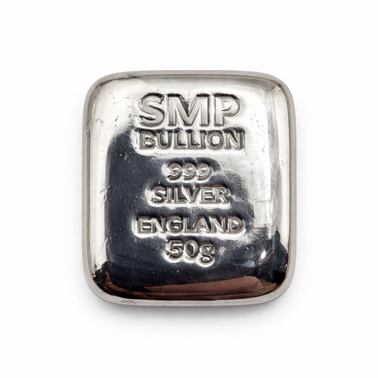 50g SMP Bullion 999 Fine Silver Bullion Cast Bar, Made in Birmingham