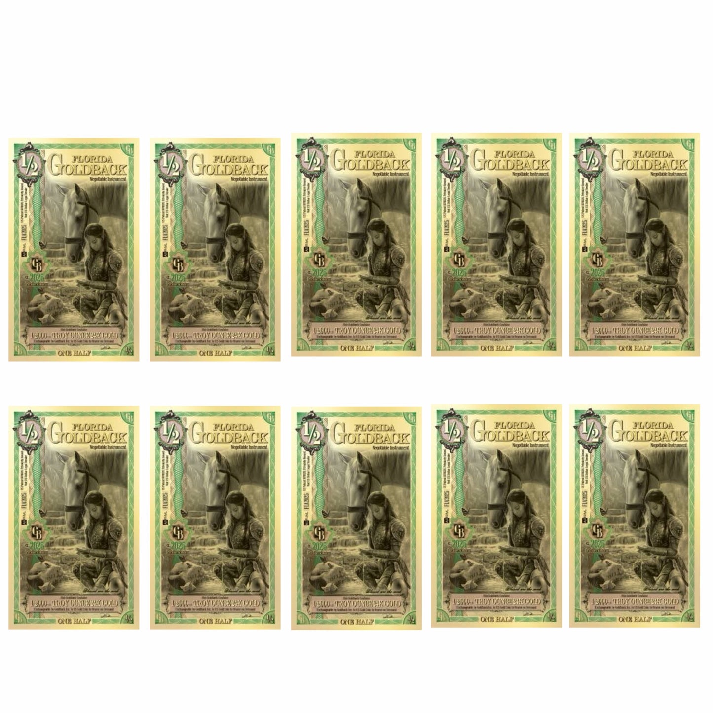 10 x 1/2 Florida Goldback 10 x 1/2000oz of 24k Gold