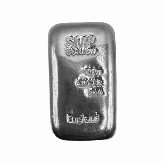 100g Silver SMP Bullion 999 Fine Cast Bar, Produced by SMP Birmingham