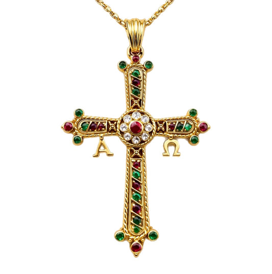 18ct Gold, Ruby, Emerald and Diamond Orthodox Cross. on 18ct 22in Box Chain 14.4g