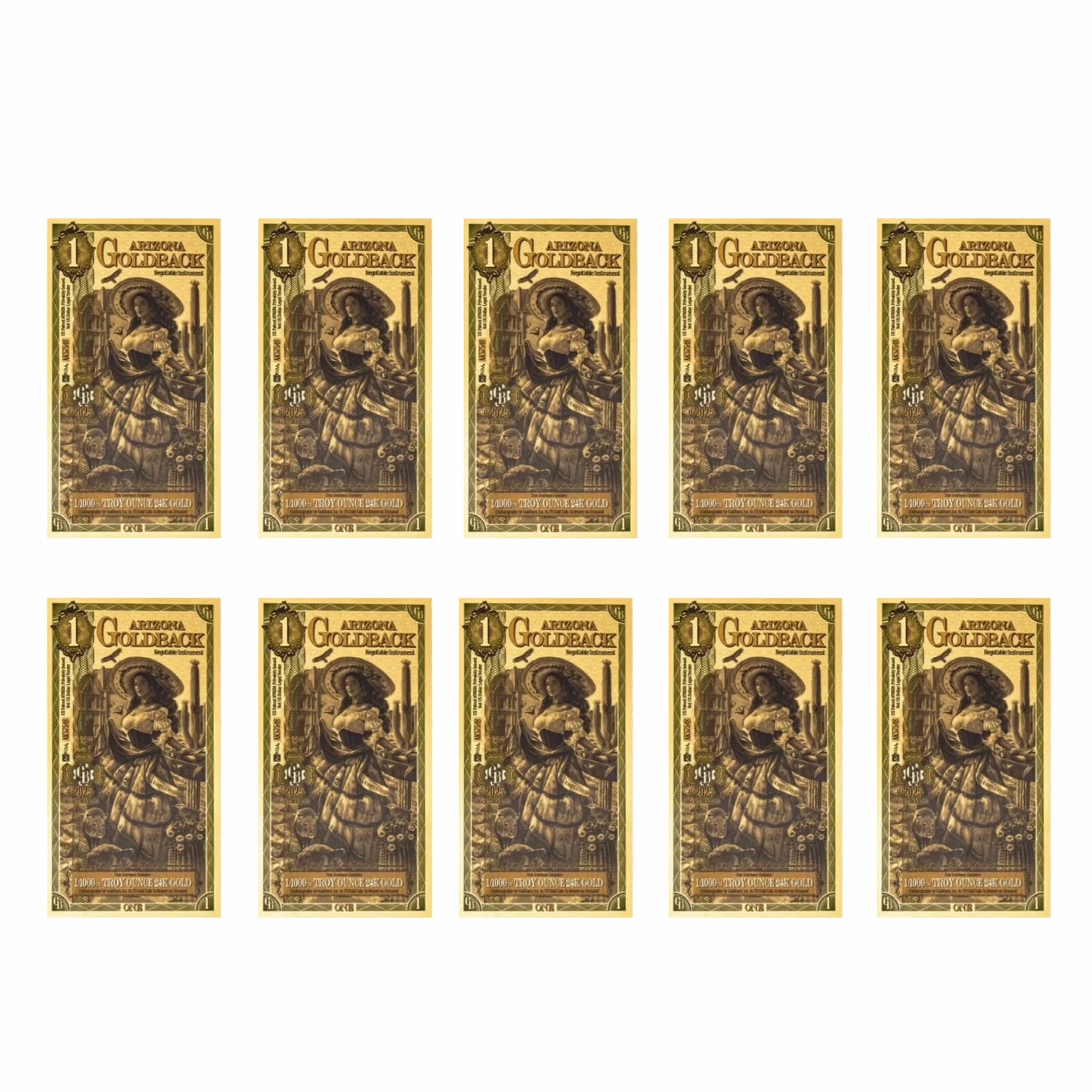 10 x 1 Arizona Goldback Note, Each 1/1000oz of 24k Gold (1/100ozt total, 0.311g)