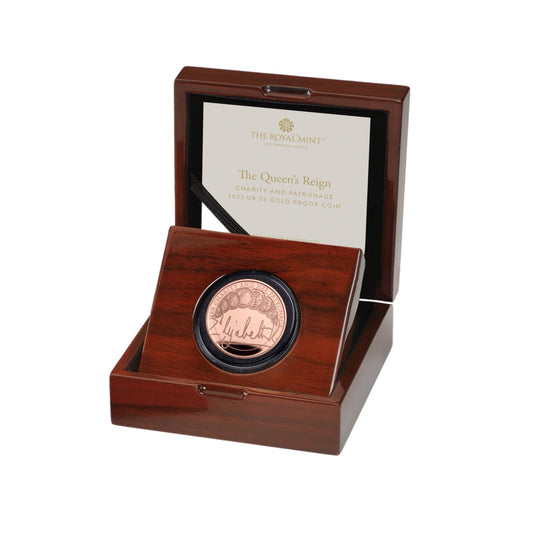 The Queen's Reign Charity and Patronage 2022 UK £5 Gold Proof Coin With Box and COA