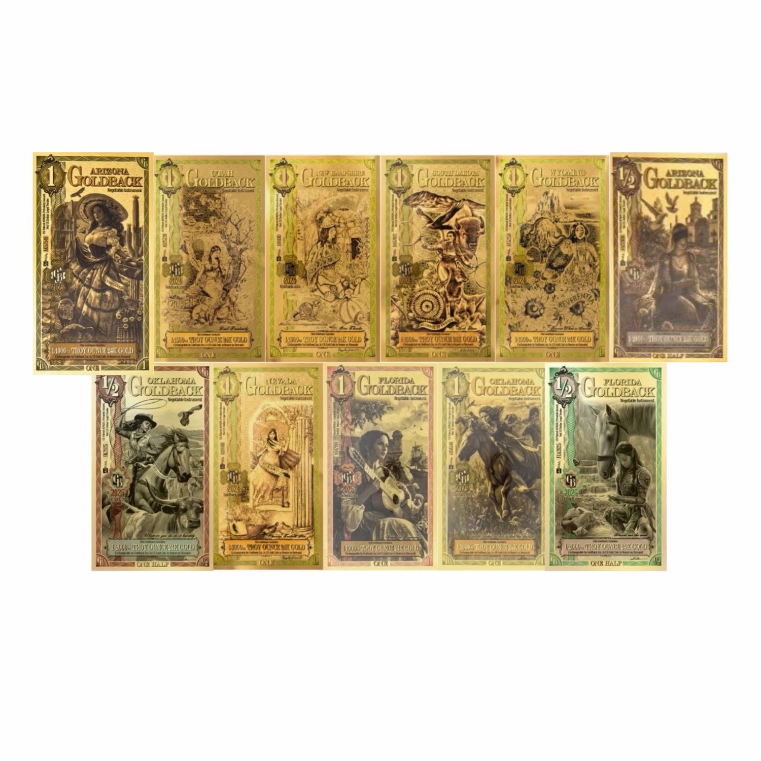 Full set of 11 Goldback notes, featuring 8 x 1 Goldback and 3 x 1/2 Goldback, each gold-engraved with unique state designs.