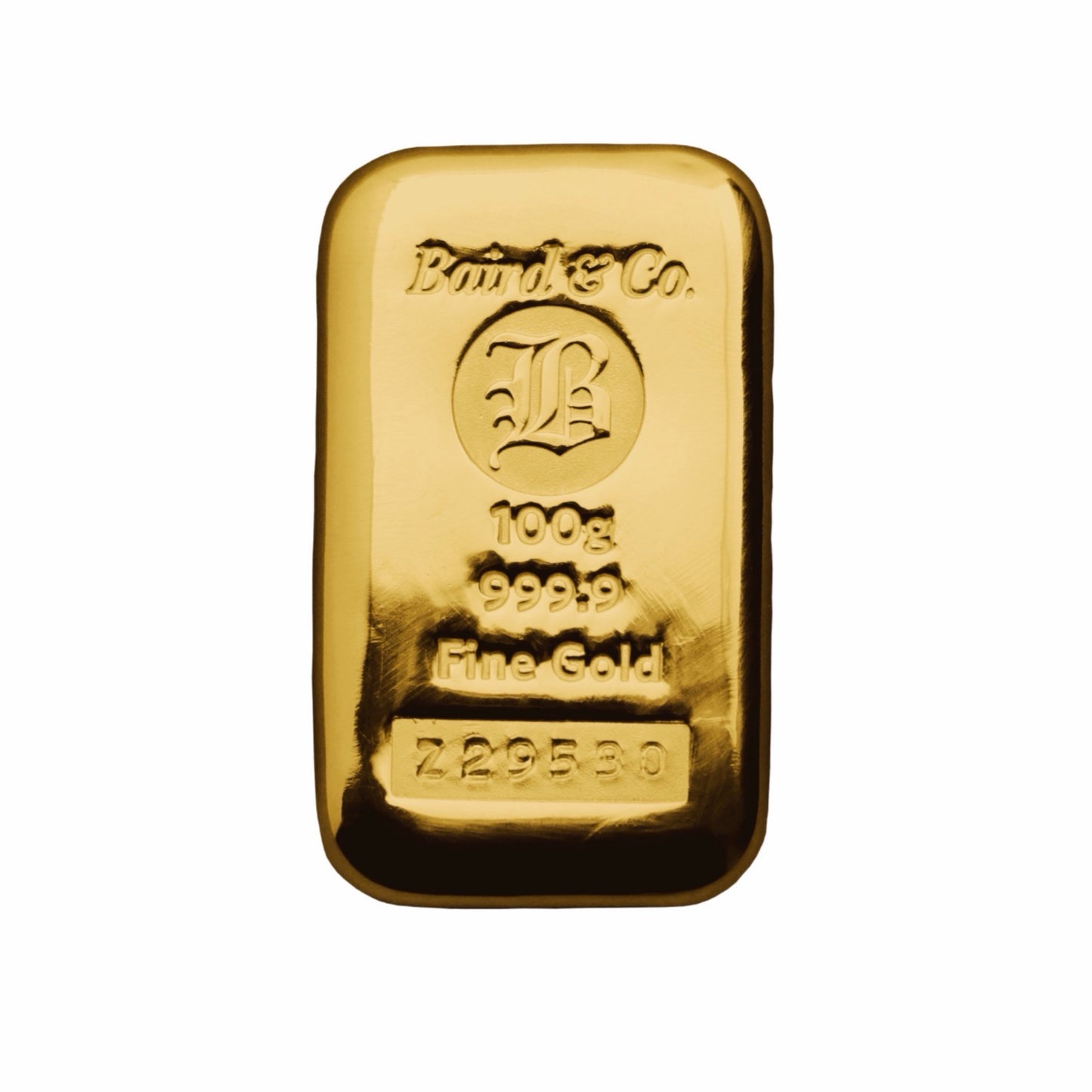 100g 9999 Gold Bullion Cast Bar made by Baird and Co. Call or Email to Order