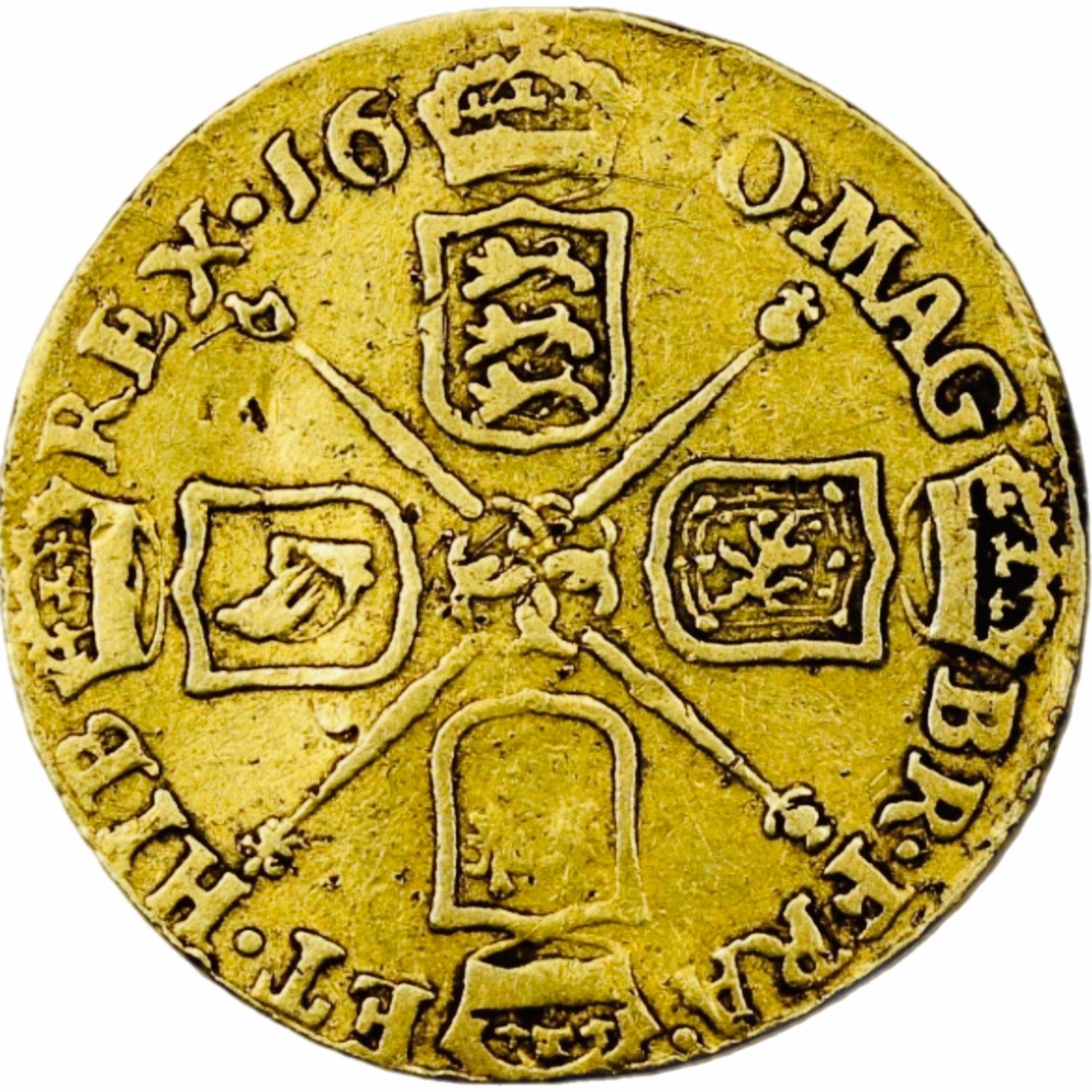 1680 Charles II Half Guinea Coin, VF35 by MGC, 4.2g 22ct Gold, visible shield design and inscriptions.