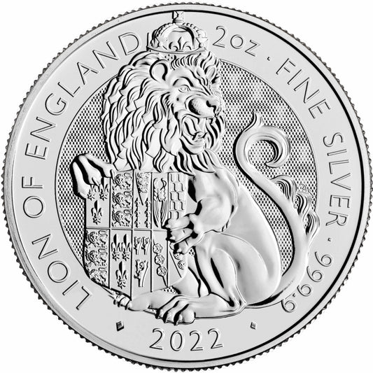 2022 Royal Tudor Beasts Lion of England 2oz 999 Silver Bullion Coin with intricate lion and shield design.
