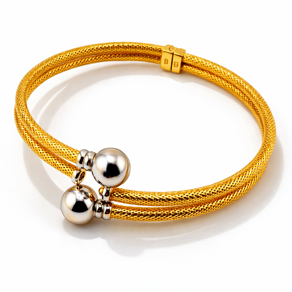 22ct Gold Bangle, 7.5in Circumference, 20.3g, Stamped 916, Mesh Design, Silver Accents.