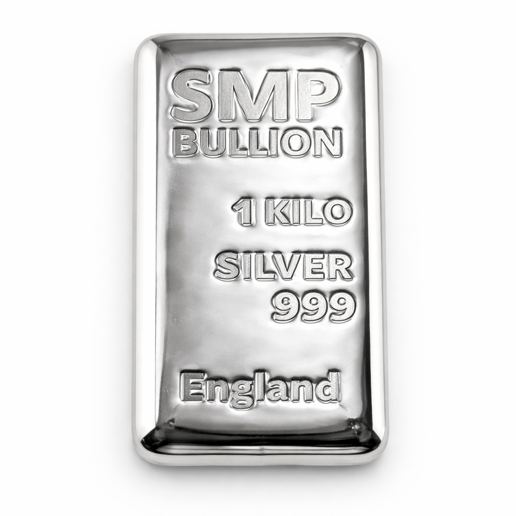 1KG SMP Silver Bullion Bar 999 Fine, England, hallmarked, investment silver.