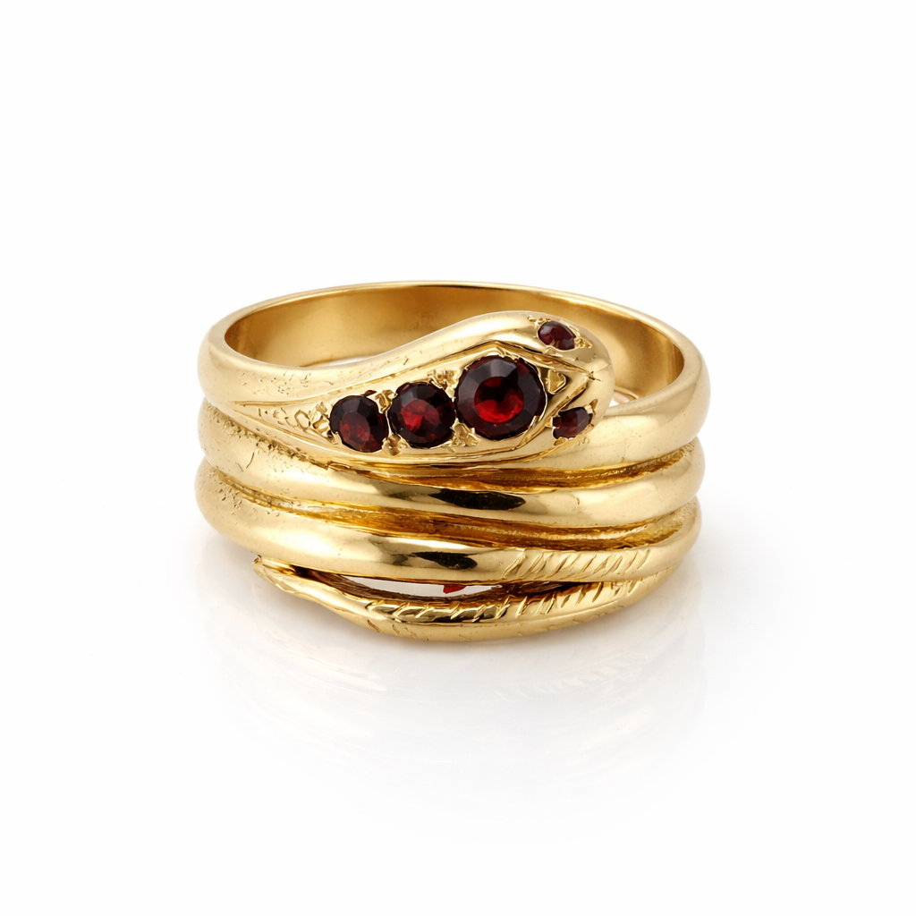 18ct Gold Snake Ring with Garnets, Size Q1/2, 9g, Stamped 18ct