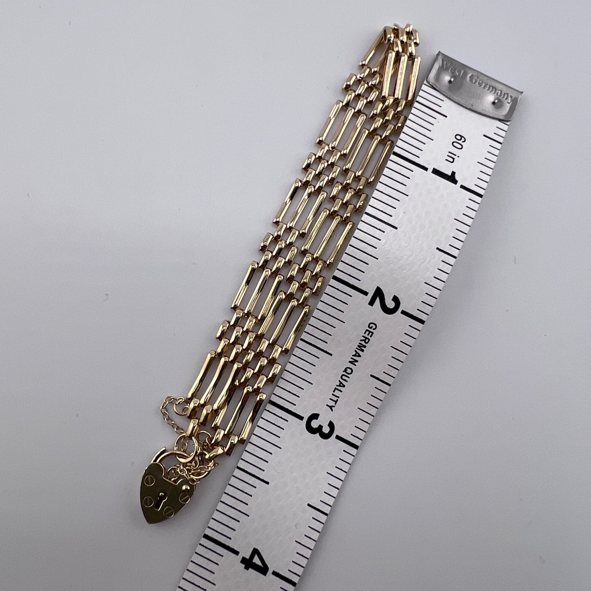 9ct Yellow Gold Three Row Bar Bracelet Heart, 7in L, 6.60g Hallmarked