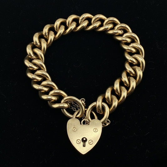 9ct Curb Bracelet, Heavy, Hallmarked, 7in L, 12mm W, 65g Heart Padlock Clasp