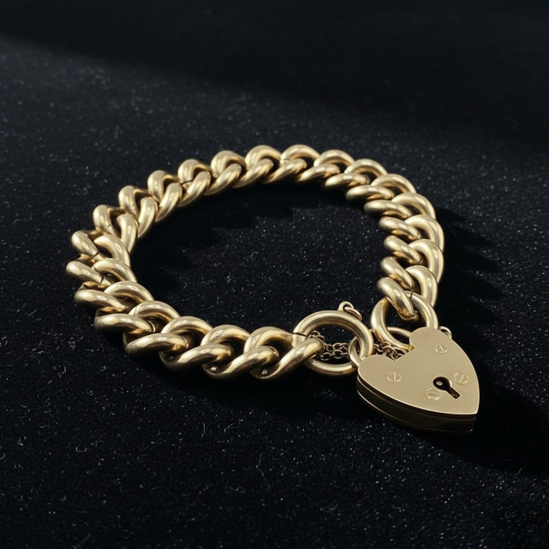 9ct Curb Bracelet, Heavy, Hallmarked, 7in L, 12mm W, 65g Heart Padlock Clasp