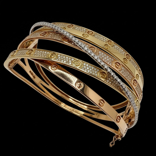 14ct Gold 3-Tone, Diamond Set Stacked Bangle, Approx 1.5ct, 37.4g UK Hallmarked