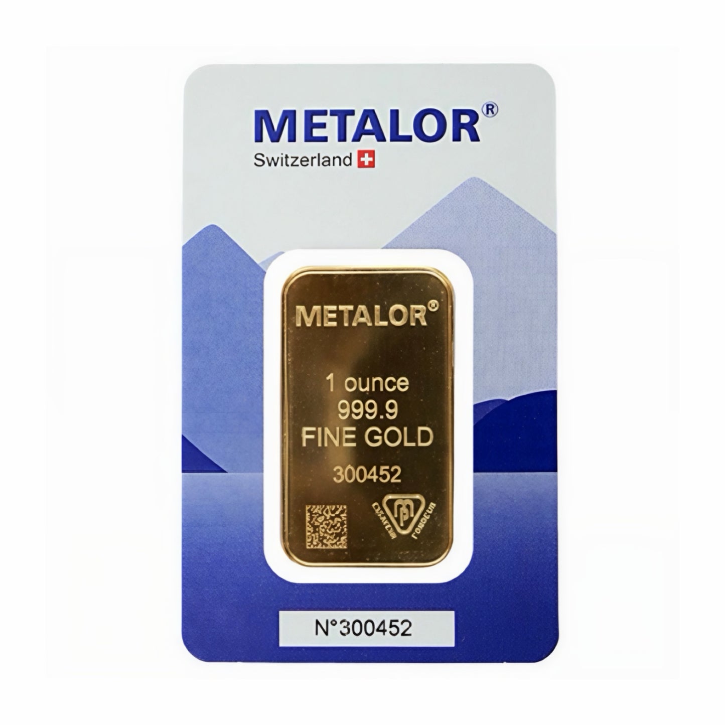 Metalor 1oz 9999 fine gold minted bar in assay card, serial 300452, with certificate seal.