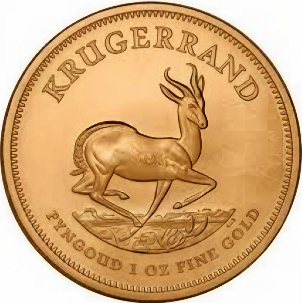 1oz Gold Krugerrand coin, best value mixed years, features springbok antelope and "FYNGOUD 1 OZ FINE GOLD" inscription.