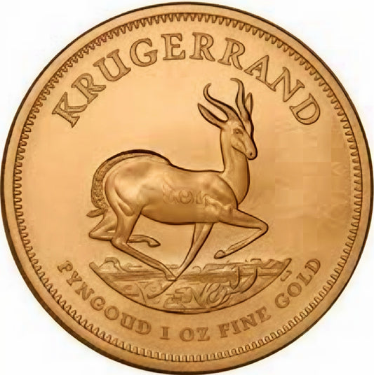 1oz Gold Krugerrand coin, best value mixed years, features springbok antelope and "FYNGOUD 1 OZ FINE GOLD" inscription.
