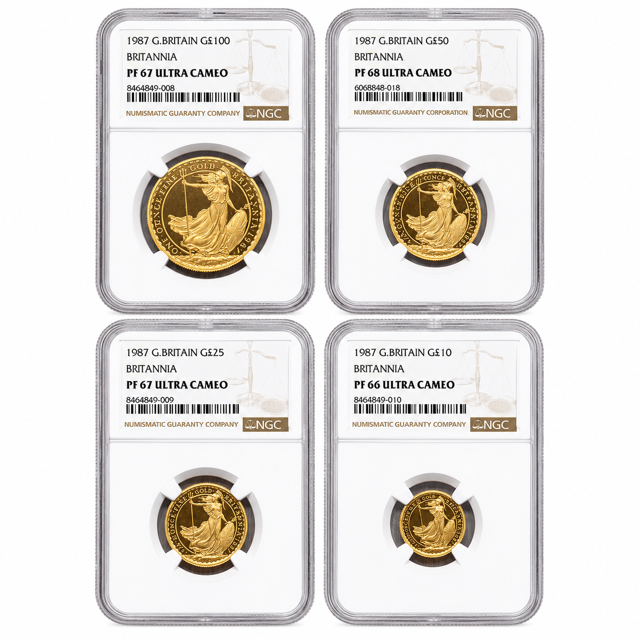 1987 Gold Proof Britannia Coin Set - 4 Coins 1.85ozt NGC Graded PF66-68