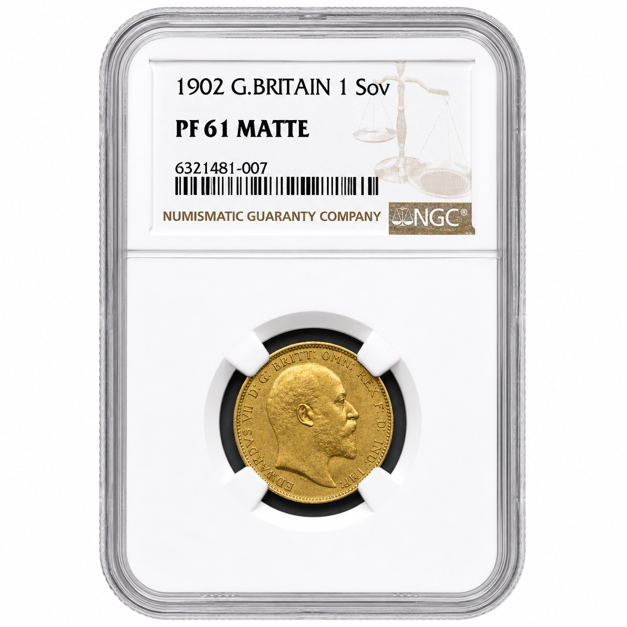 1902 Edward VII Matt Proof Gold £1 Full Sovereign Coin Graded by NGC as PF61 (7.98g of 22ct Gold)