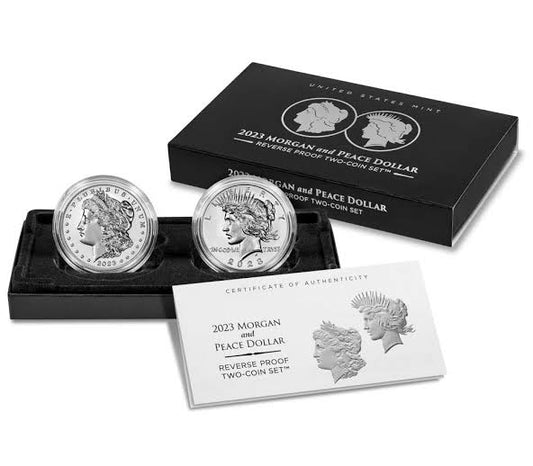 Morgan and Peace Silver Dollar 2023 Two-Coin Reverse Proof Set Boxed with COA