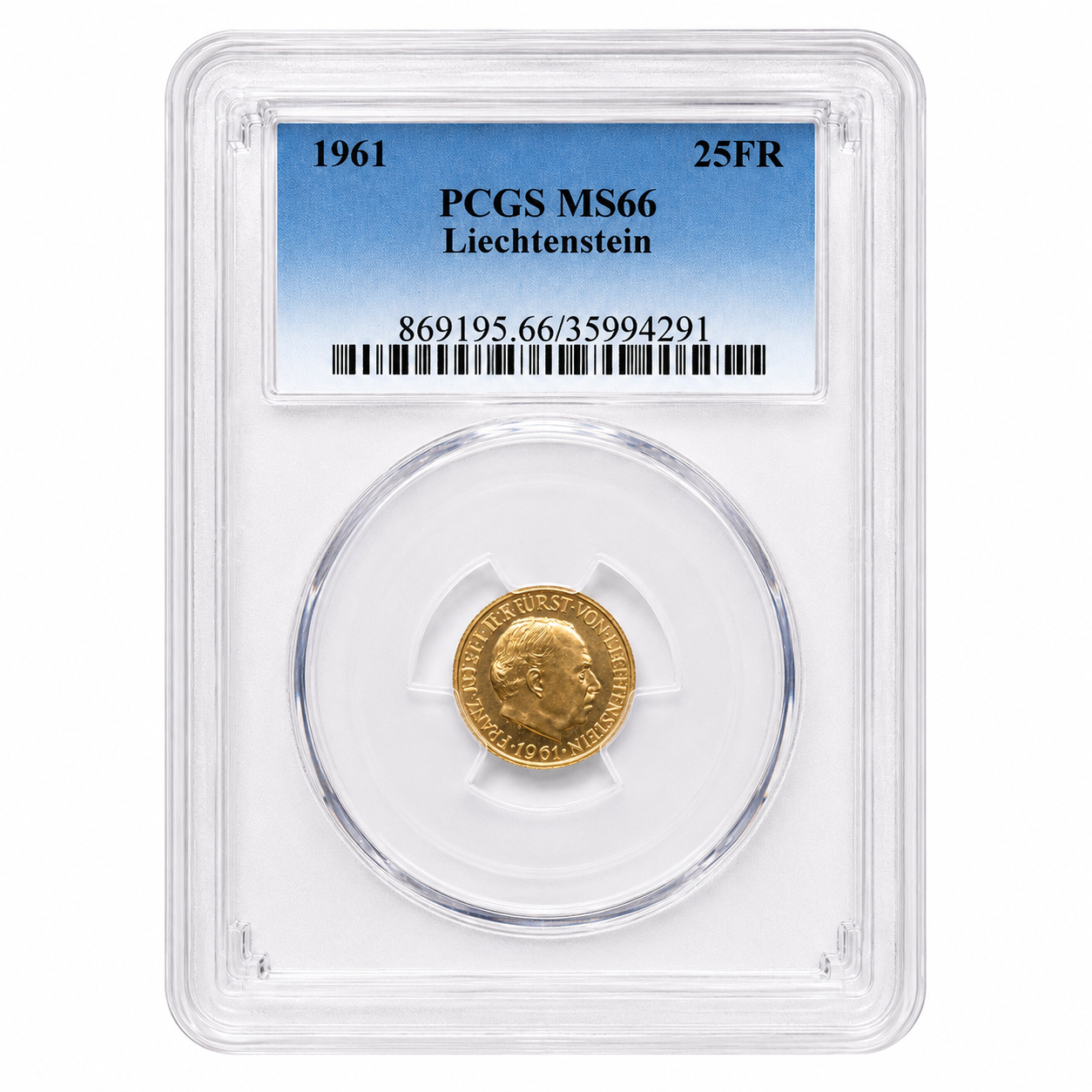 Liechtenstein 1961 .900 Gold 25 Francs 100th Anniversary of National Bank PCGS MS66 5.65g