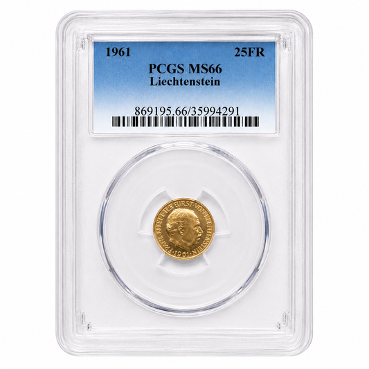 Liechtenstein 1961 .900 Gold 25 Francs 100th Anniversary of National Bank PCGS MS66 5.65g