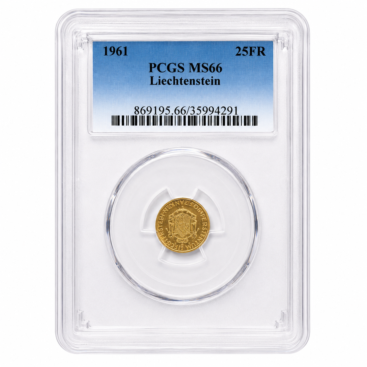 Liechtenstein 1961 .900 Gold 25 Francs 100th Anniversary of National Bank PCGS MS66 5.65g