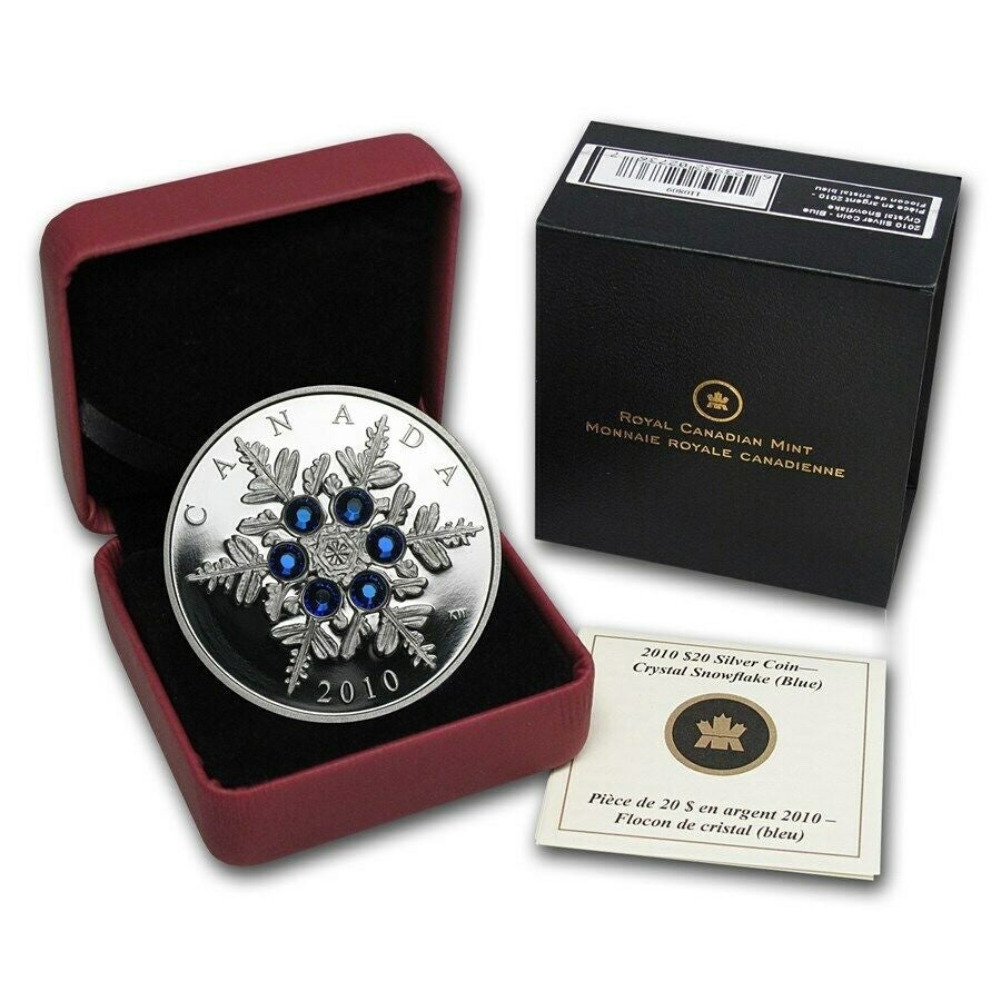 Canada 2010 CRYSTAL SNOWFLAKE $20 1 Oz Silver Holiday Proof with BLUE Swarovski Box and COA