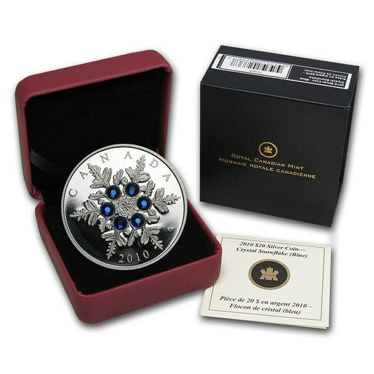 Canada 2010 CRYSTAL SNOWFLAKE $20 1 Oz Silver Holiday Proof with BLUE Swarovski Box and COA