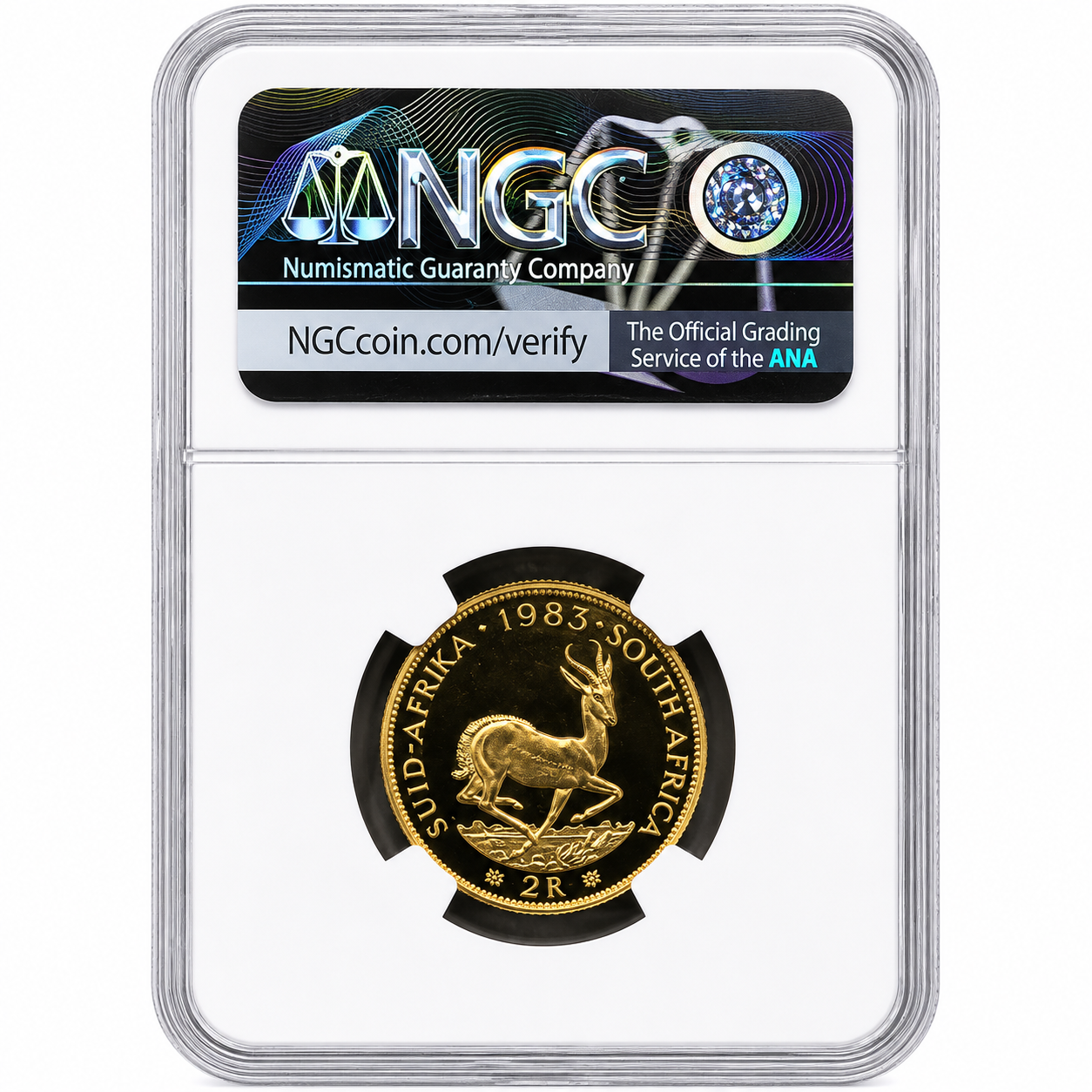 1983 2 Rand Proof South African 22ct Gold Coin, PF66UC NGC Graded