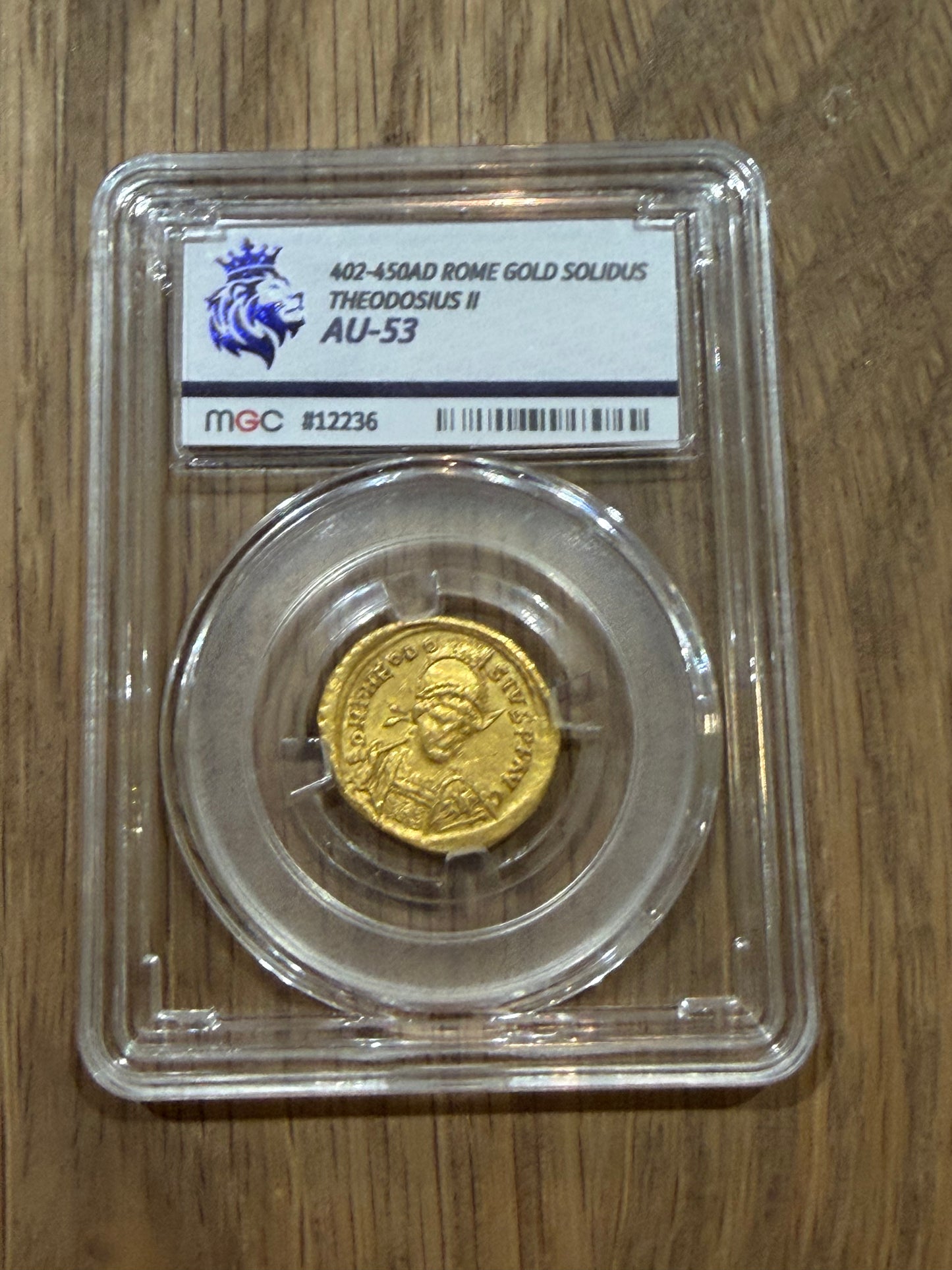 Theodosius II, Gold Solidus 402-450AD Rome, AU53 MGC