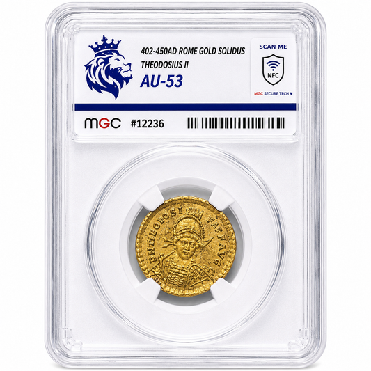 Theodosius II, Gold Solidus 402-450AD Rome, AU53 MGC