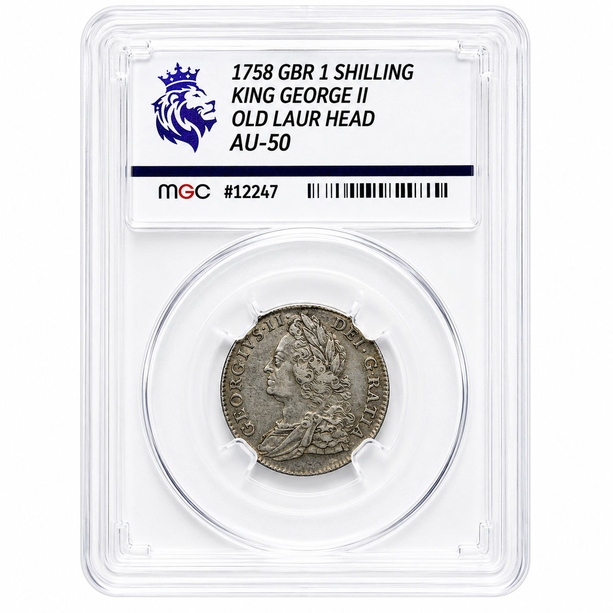 1758 George II Shilling Silver Coin, ‘Old Head’ MGC AU50