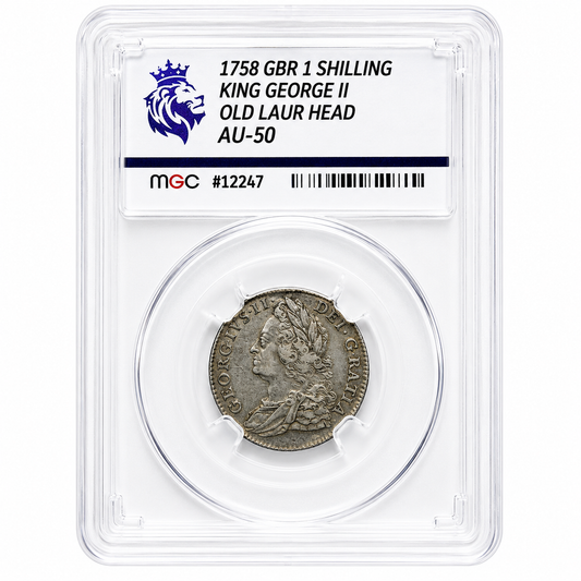 1758 George II Shilling Silver Coin, ‘Old Head’ MGC AU50
