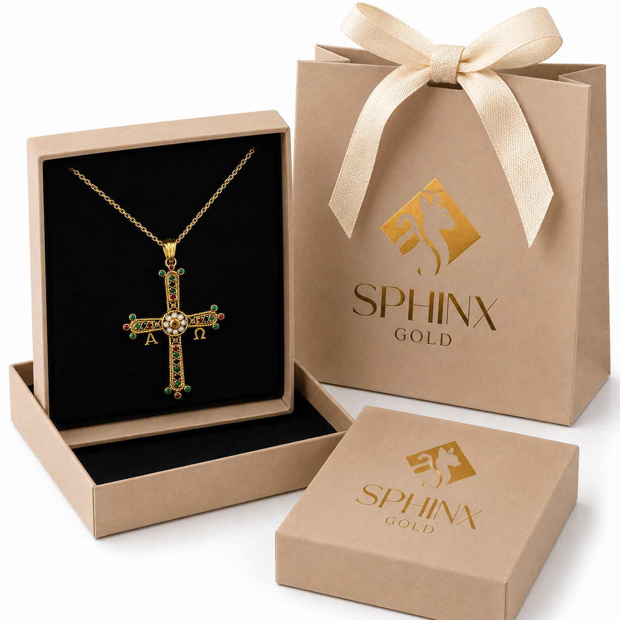 18ct Gold, Ruby, Emerald and Diamond Orthodox Cross. on 18ct 22in Box Chain 14.4g