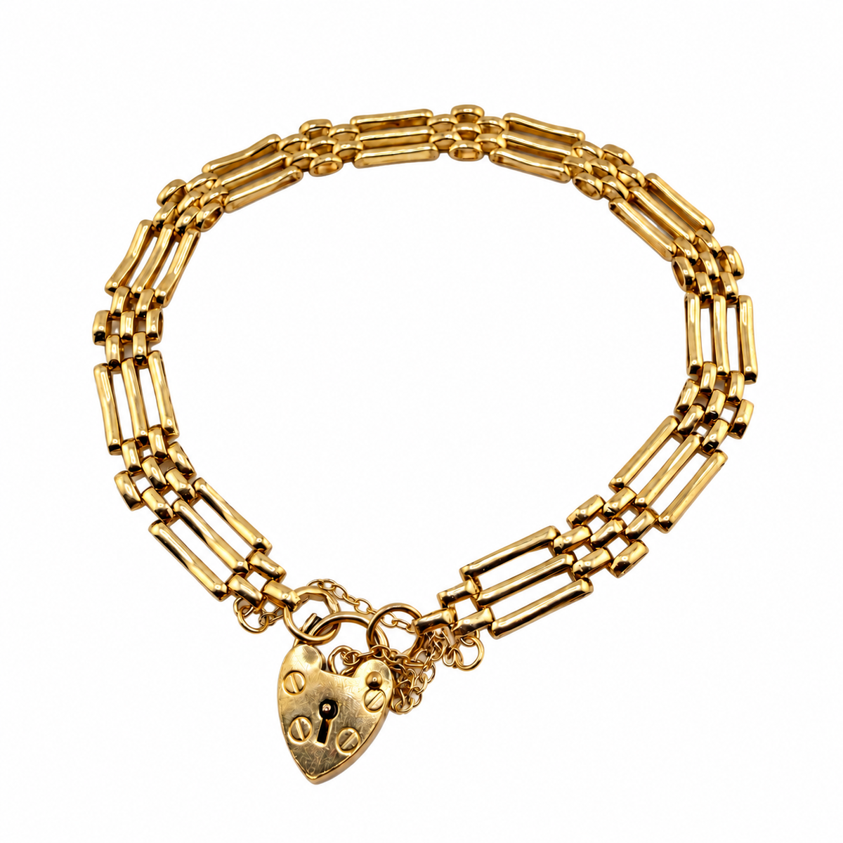 9ct Yellow Gold Three Row Bar Bracelet Heart, 7in L, 6.60g Hallmarked