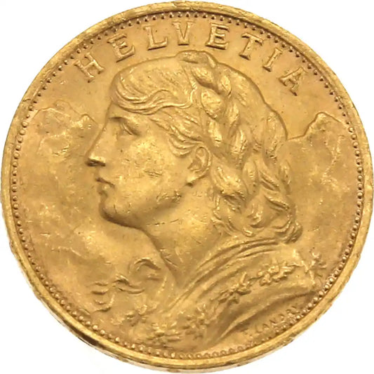 1927 Swiss 20 Franc Helvetia 900 Fine Gold Coin 6.45g