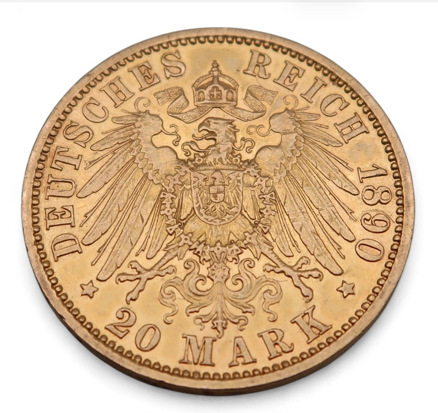 1890 20 German Mark 900 Fine Gold Coin, Wilhelm II (1889 - 1913) 7.96g