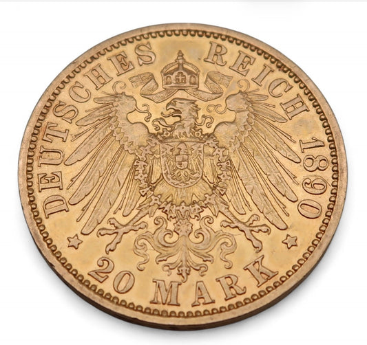 1890 20 German Mark 900 Fine Gold Coin, Wilhelm II (1889 - 1913) 7.96g