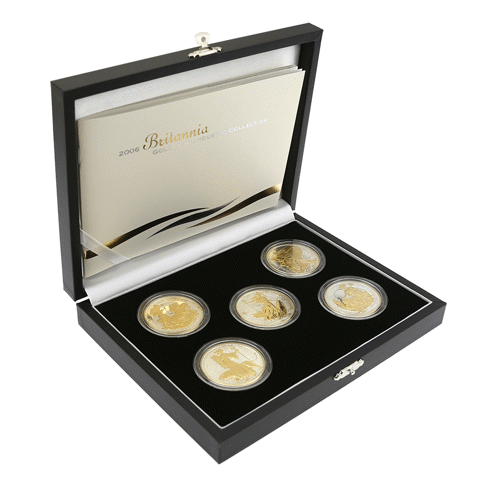 2006 UK Britannia Gold Silhouette Silver 5-Coin Collection 5oz of 999 Fine Silver With Gold Plating