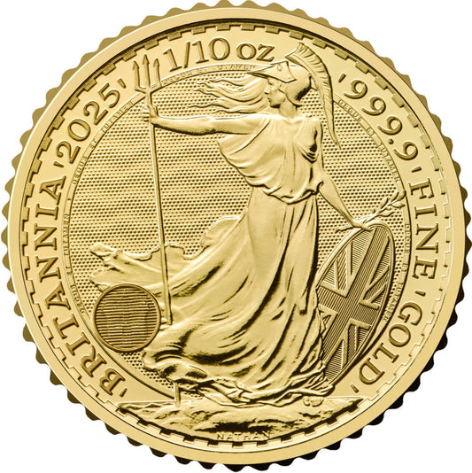Britannia 2025 1/10oz gold coin, 999.9 fine gold, CGT Free, Royal Mint, investment bullion.