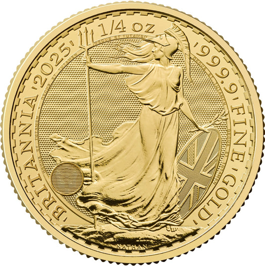 Britannia 2025 1/4oz Gold Coin, Royal Mint, 999.9 Fine Gold, CGT Free, Investment Bullion, Fitzroy Bullion London.