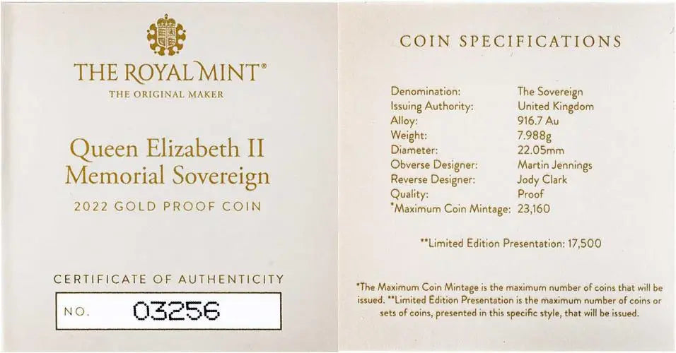 2022 Queen Elizabeth II Gold Sovereign Memorial Proof Coin, 7.988g, 916.7 Au, boxed with COA, CGT Free, Royal Mint.