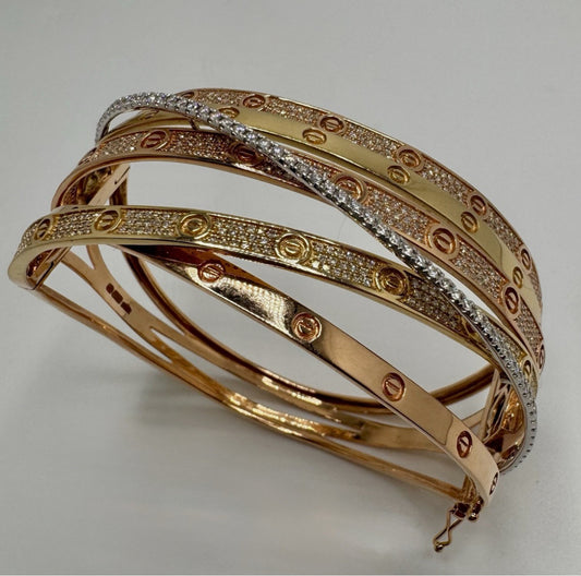 14ct Gold 3-Tone, Diamond Set Stacked Bangle, Approx 1.5ct, 37.4g UK Hallmarked