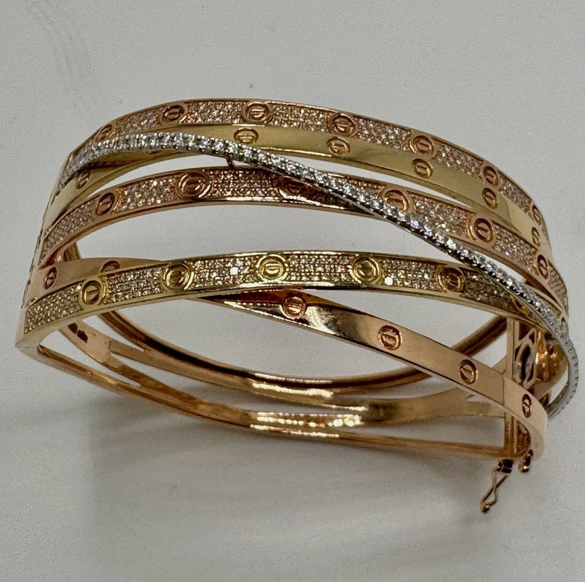 14ct Gold 3-Tone, Diamond Set Stacked Bangle, Approx 1.5ct, 37.4g UK Hallmarked