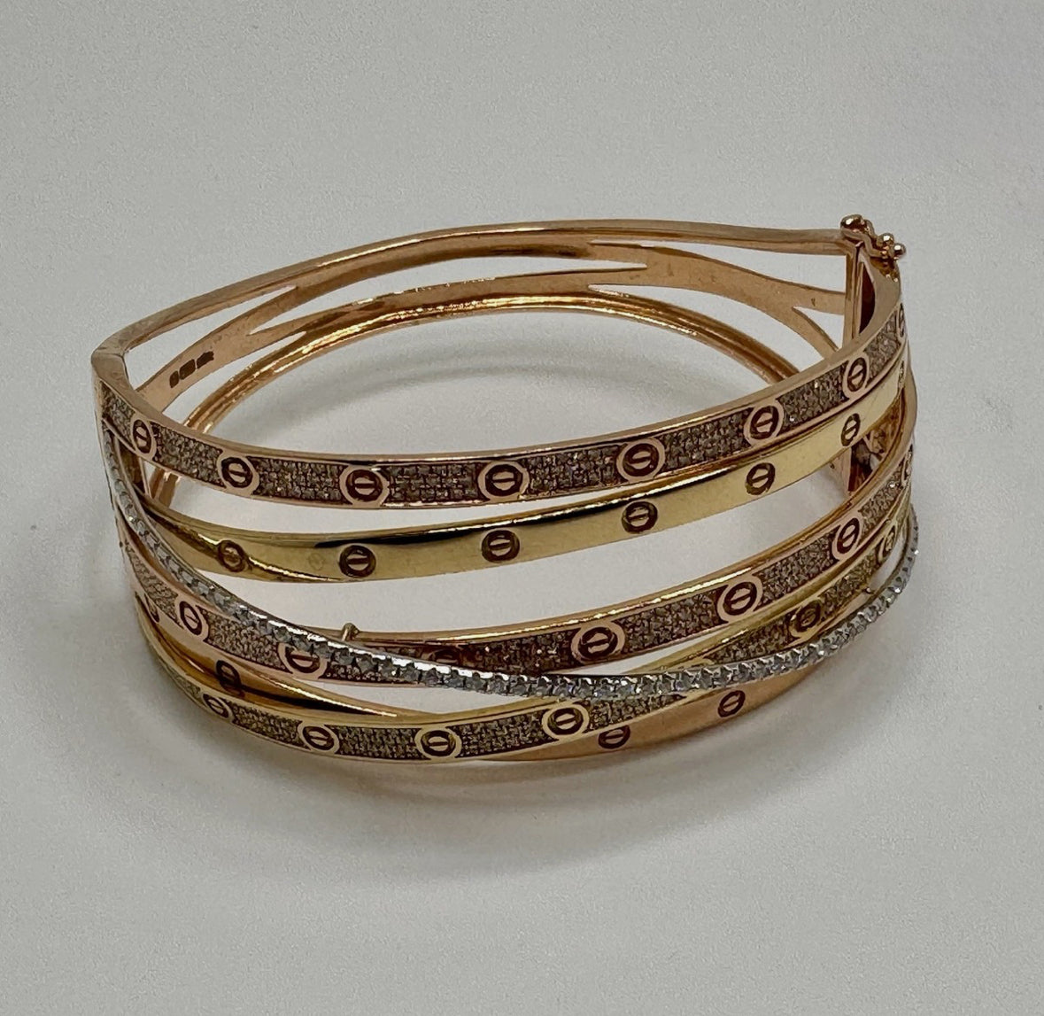 14ct Gold 3-Tone, Diamond Set Stacked Bangle, Approx 1.5ct, 37.4g UK Hallmarked