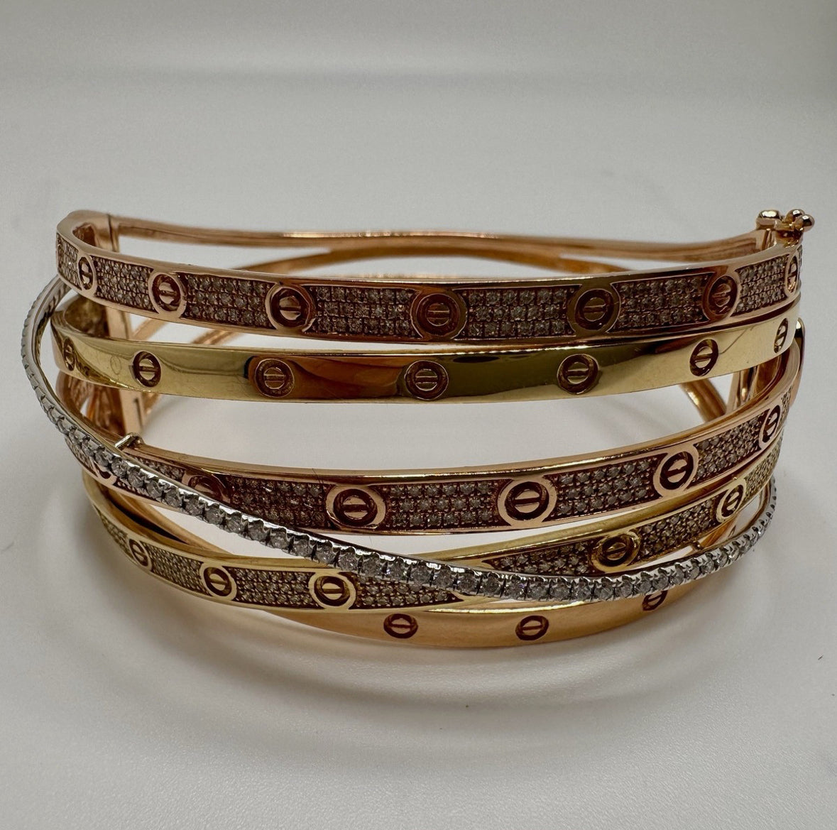 14ct Gold 3-Tone, Diamond Set Stacked Bangle, Approx 1.5ct, 37.4g UK Hallmarked