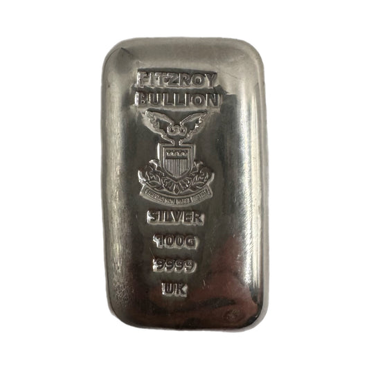 100g Silver Fitzroy Bullion 999 Fine Cast Bar, Produced by SMP Birmingham