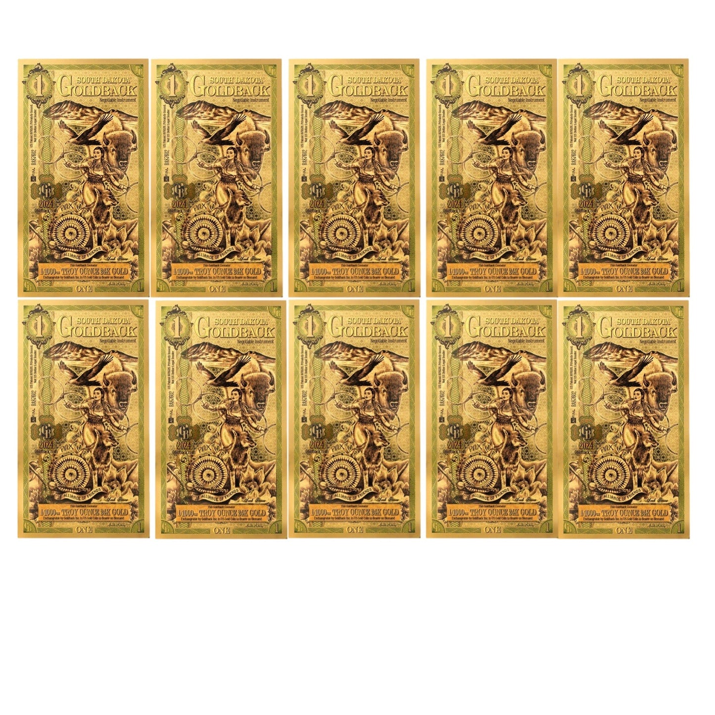10 x 1 South Dakota Goldbacks 10 x 1/1000oz of 24k Gold (1/100ozt total, 0.311g)