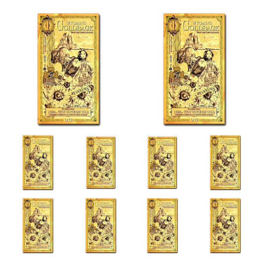 10 x 1 Wyoming Goldbacks 10 x 1/1000oz of 24k Gold (1/100ozt total, 0.311g)